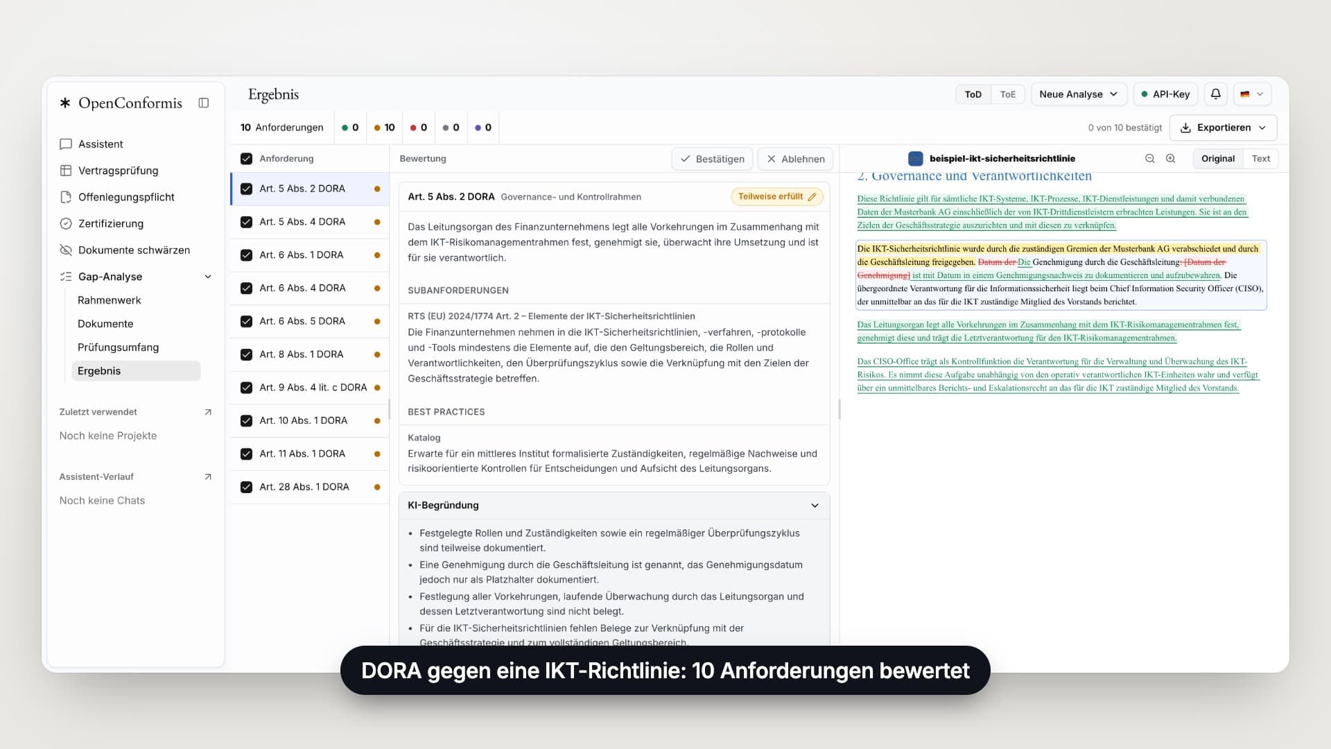 Ergebnis einer Gap-Analyse: links zehn Anforderungen aus DORA mit Status, in der Mitte Bewertung und Begründung zu Art. 5 Abs. 2 DORA, rechts die Richtlinie mit markierter Belegstelle.